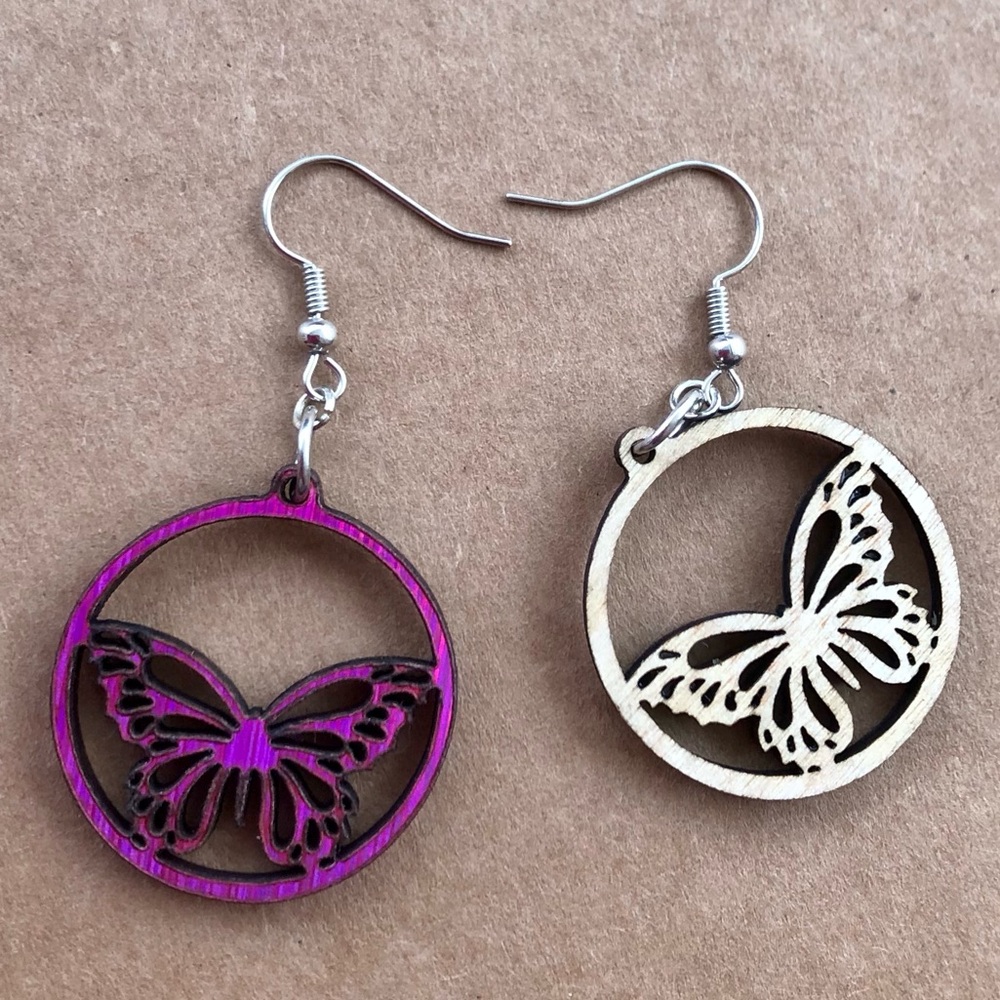 Handmade Laser Cut Butterfly Wooden Dangle Earrings - Picture 3 of 3